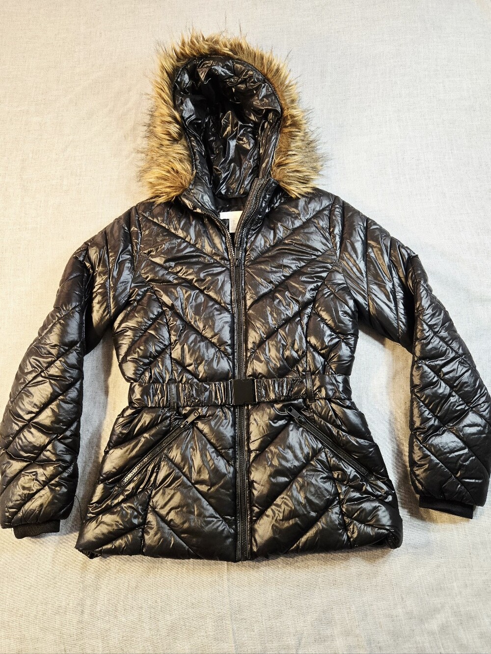 H&M Womens Size 6 Black Shiny Puffer Jacket Belted Faux Fur Hooded Parka Coat